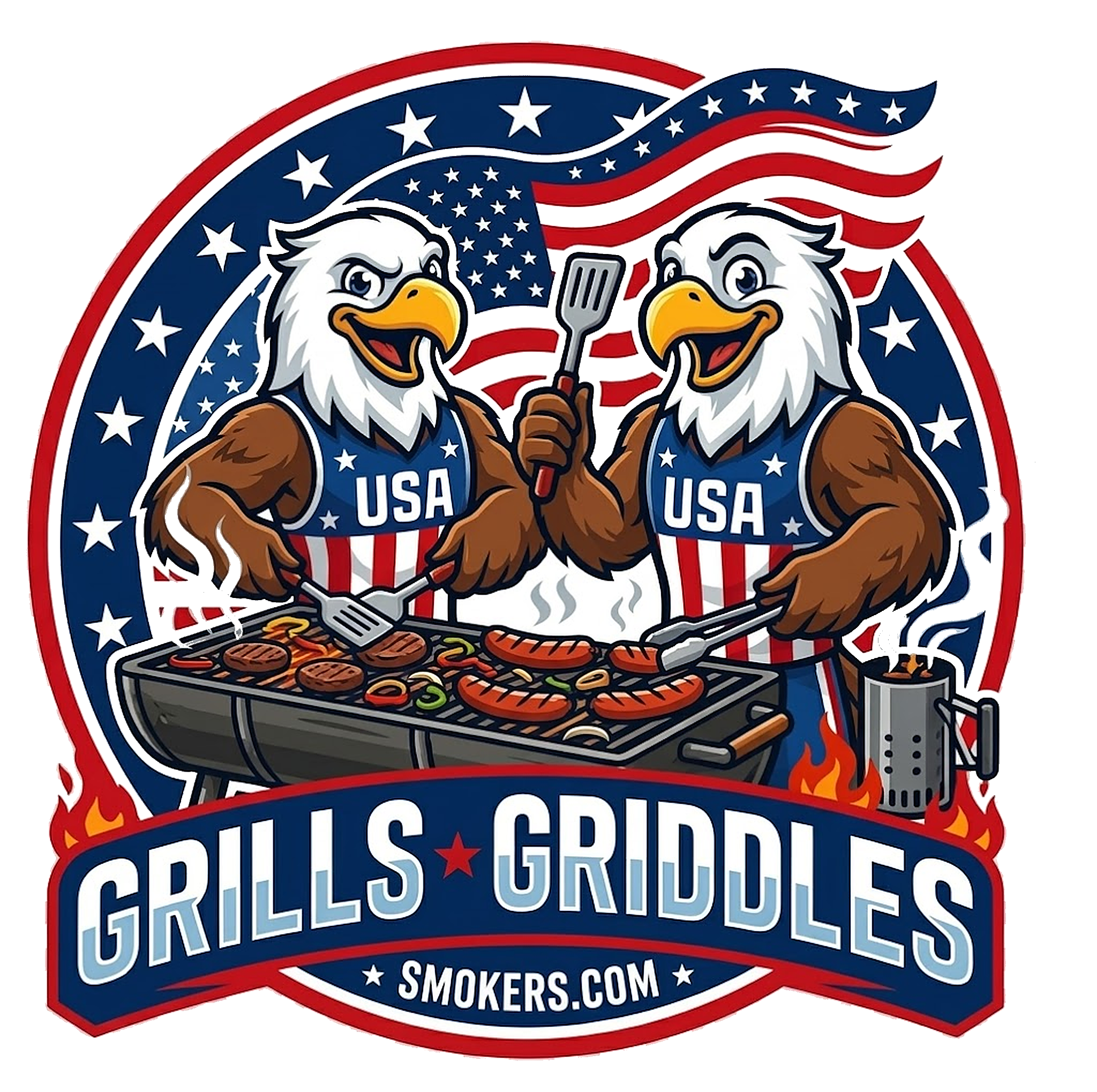 Grills Griddles Smokers — two bald eagles in USA jerseys grilling on a flag-backed badge